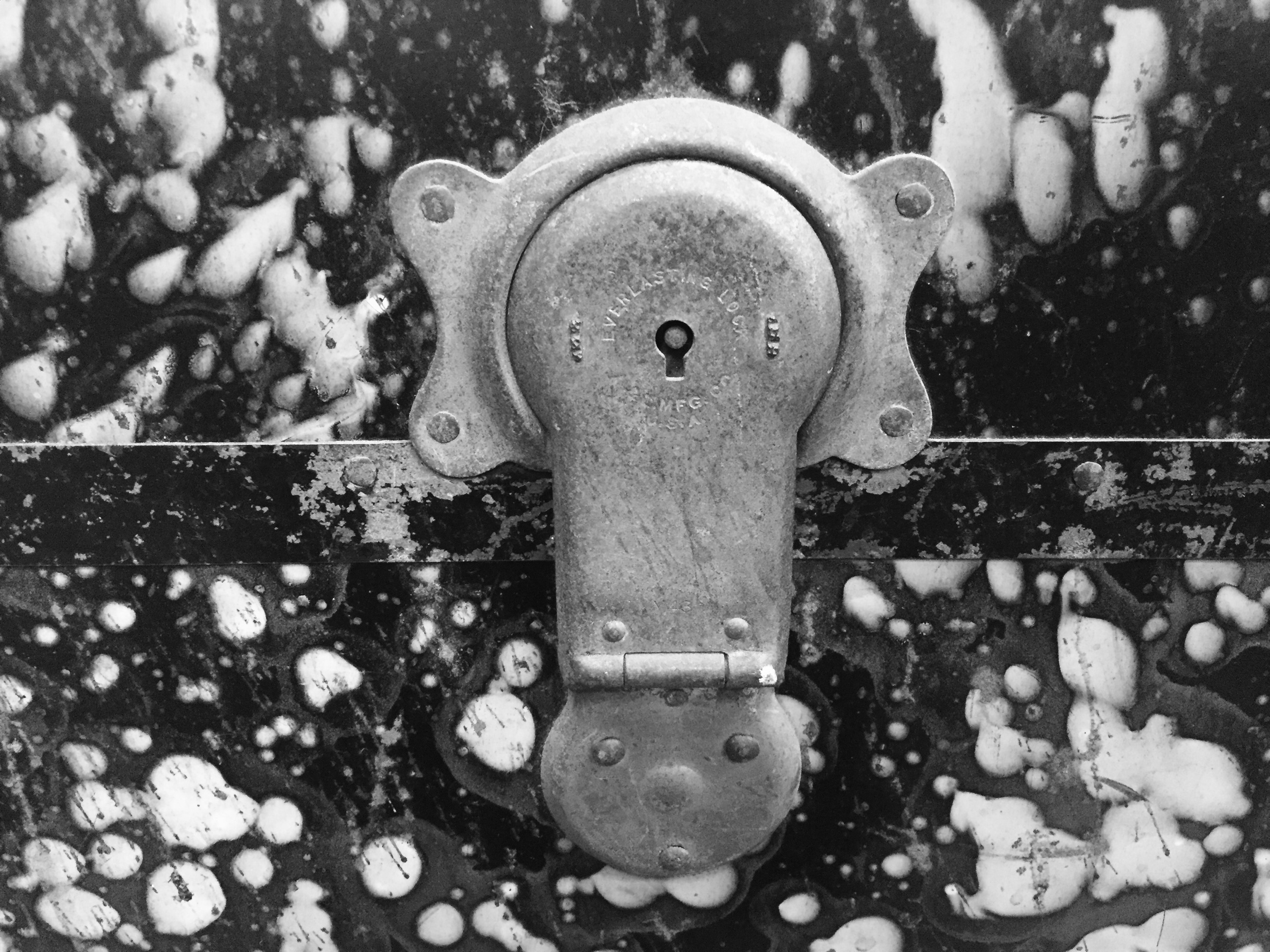 a black-and-white close-up of an antique trunk lock
